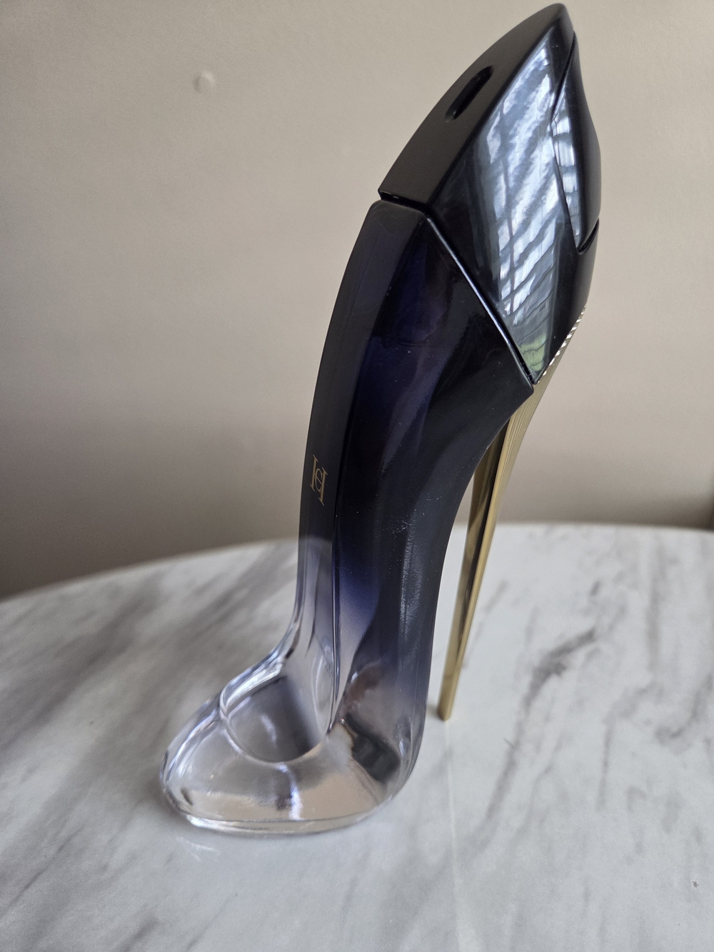 Carolina Herrera Stiletto Bottle-Inspired Heel in Deep Blue and Gold